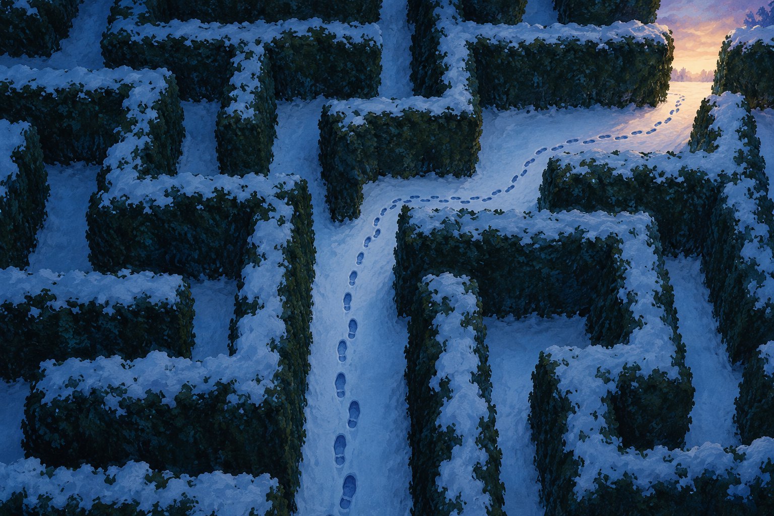 An overhead illustration of footprints winding through a snow-covered hedge maze toward a warmly lit opening.