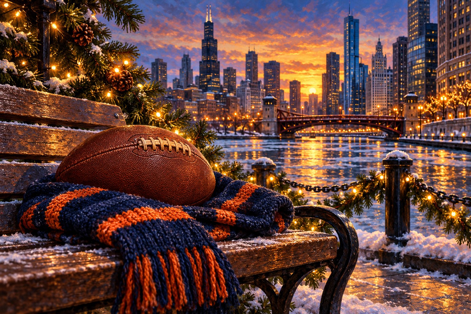 A football and navy-and-orange scarf rest on a snowy bench beside the Chicago River under glowing holiday lights.