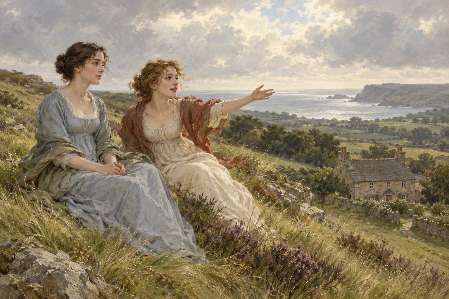 Literary illustration of two sisters in period dresses seated on a grassy hillside above a stone cottage and the sea.