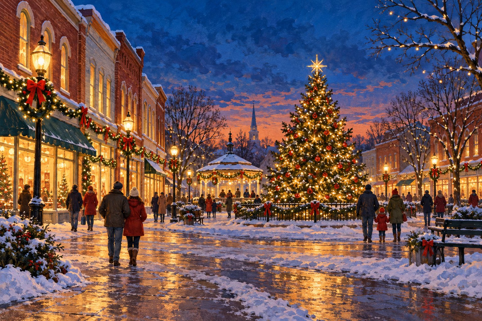 Conceptual illustration of a snowy small-town square with a glowing Christmas tree, decorated storefronts, and people walking at dusk.