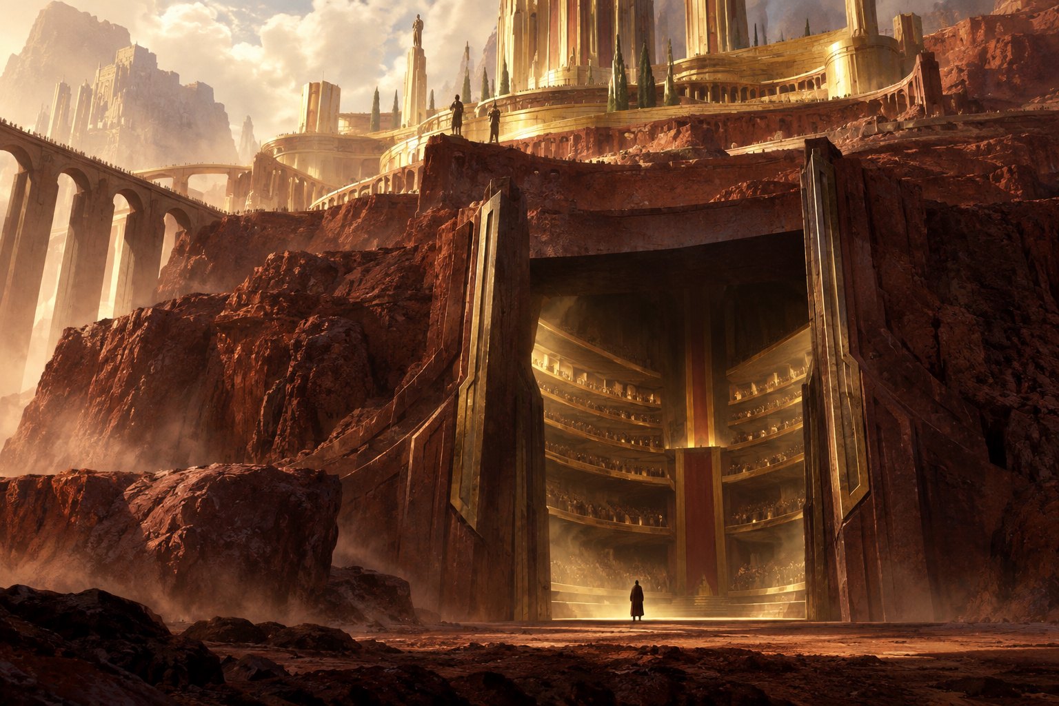 Conceptual illustration of a tiny figure entering a vast rust-colored science-fiction auditorium beneath illuminated golden terraces.