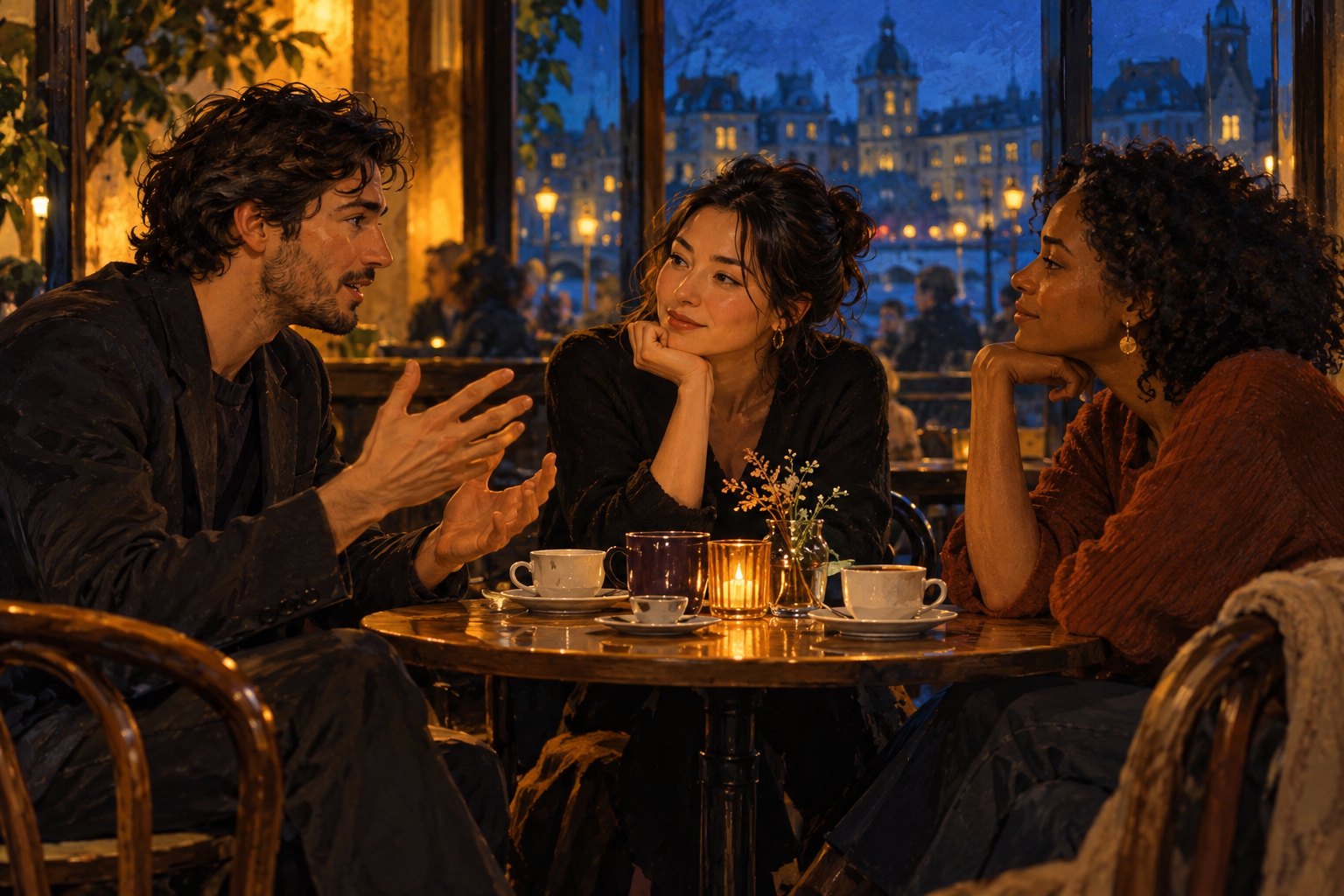 Editorial illustration of three moviegoers discussing a film around a softly lit cafe table.