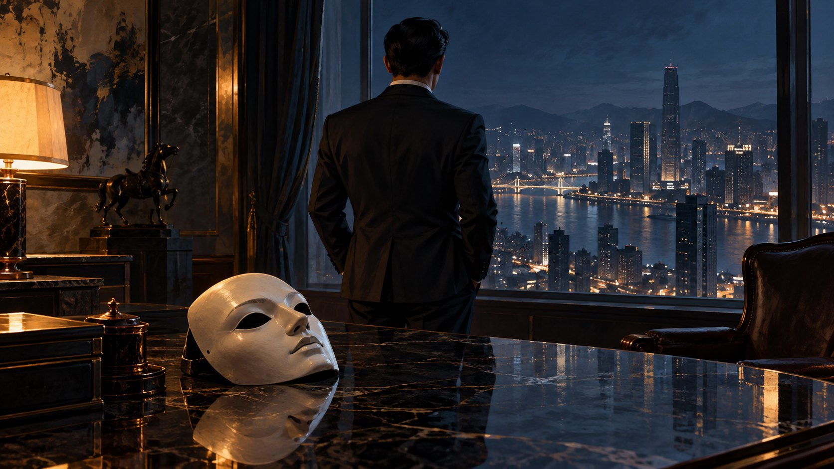 概念插畫:西裝男子背對城市夜景,桌上的白色面具象徵政治人物的公開形象。