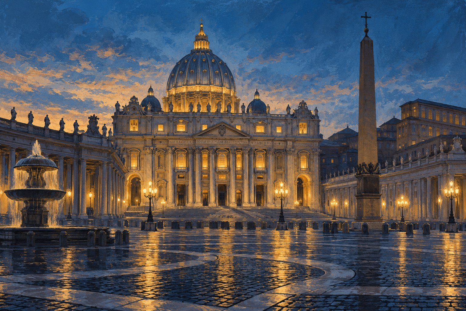Editorial illustration of St. Peter’s Basilica overlooking a quiet square at blue hour, with warm light beneath a deep blue sky.