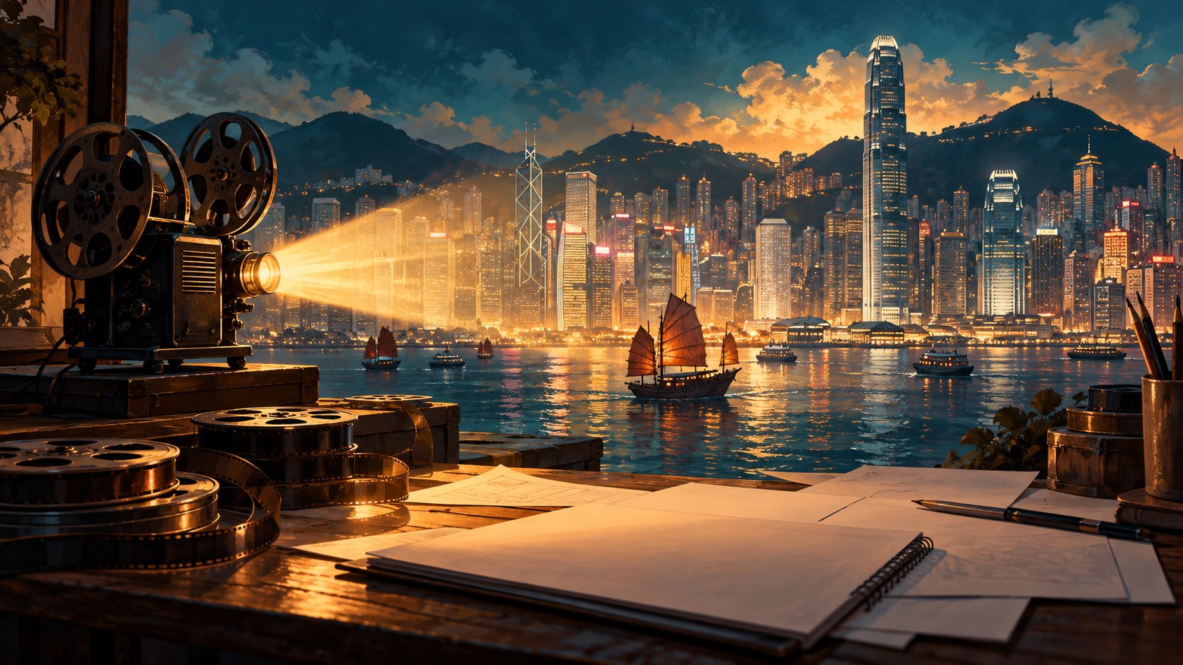 放映機的暖光映向香港海港天際線,桌上擺放膠卷與畫稿的原創概念插畫