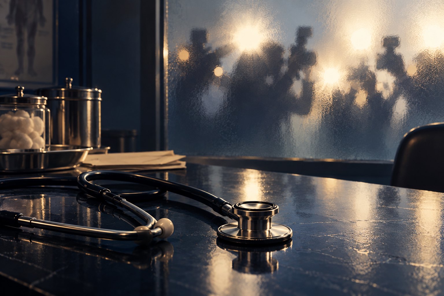Conceptual illustration of a stethoscope on a dark desk with photographers and camera flashes behind frosted glass.