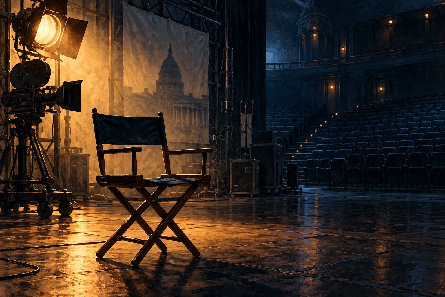 Painterly illustration of an empty actor’s chair beside a movie camera, with a warm spotlight and dark audience seating beyond.