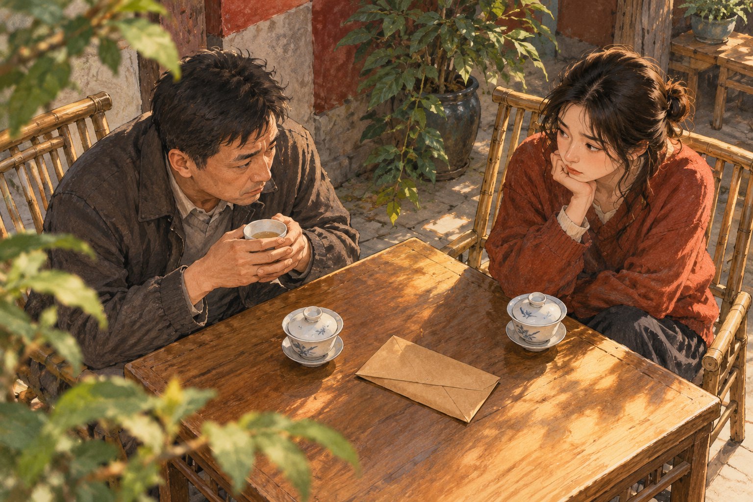 两个人隔着摆有盖碗和信封的茶桌相对而坐，呈现难以开口的人情压力的概念插画，非影片剧照