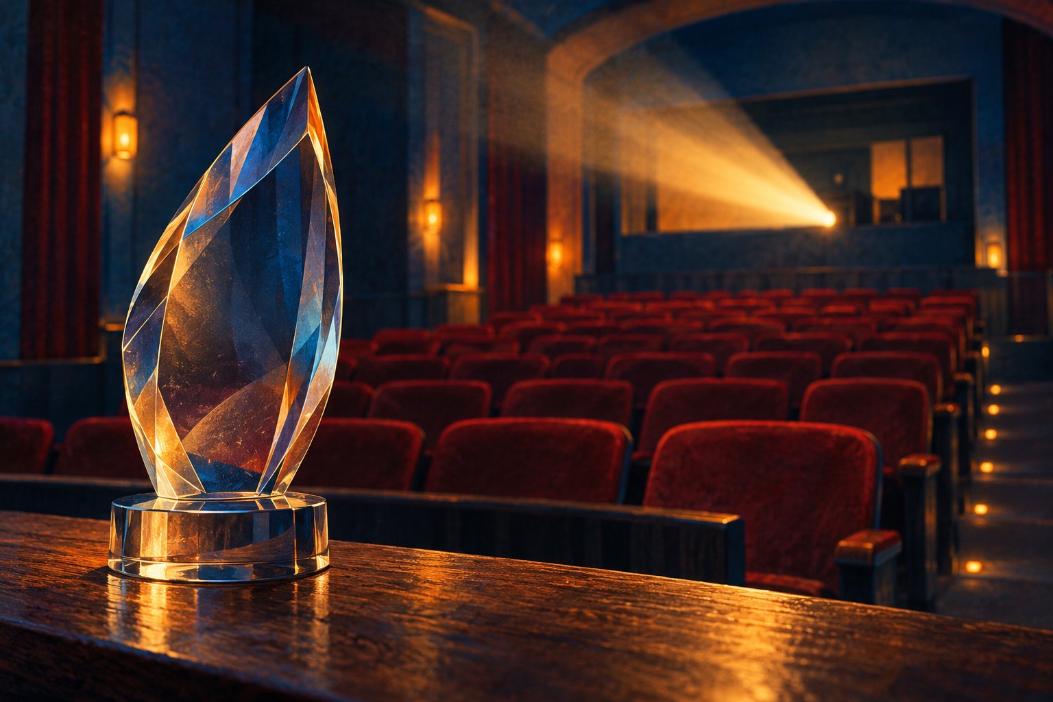 Editorial illustration of an unmarked glass award in an empty cinema illuminated by a warm projector beam.