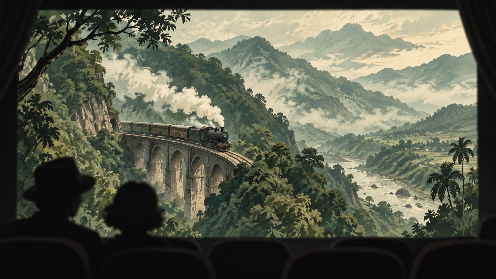 蒸汽火車穿越臺灣山林意象，外圍以暗色框景呈現銀幕觀看感的概念插畫