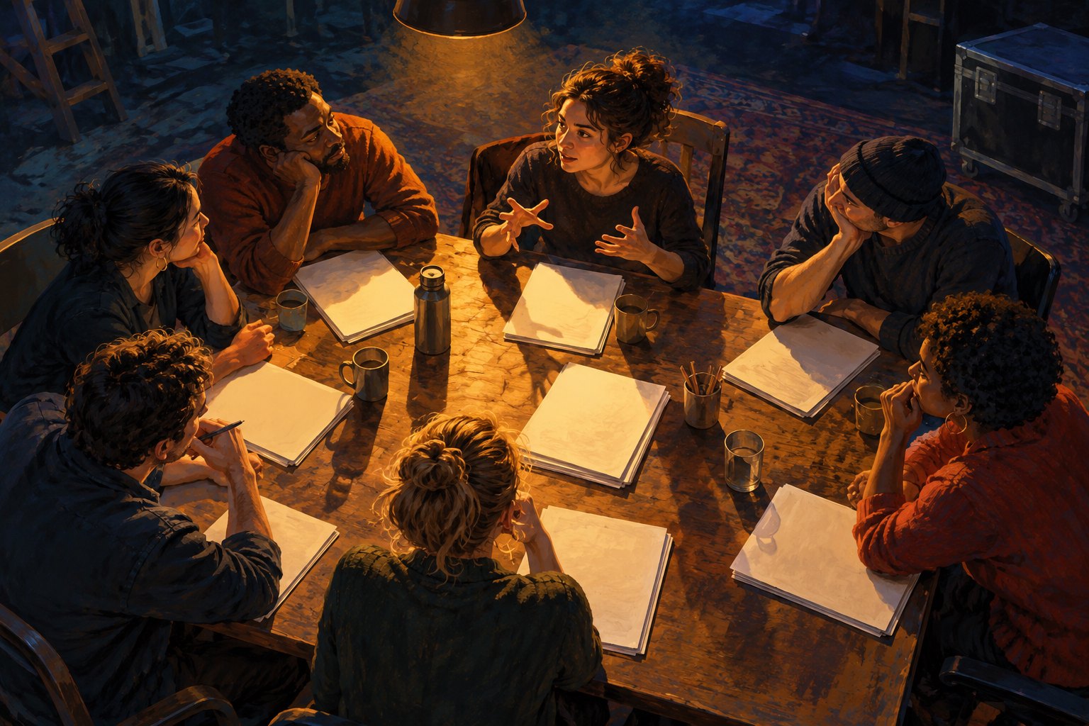 Conceptual illustration of fictional performers listening to a colleague around a rehearsal table under warm overhead light.