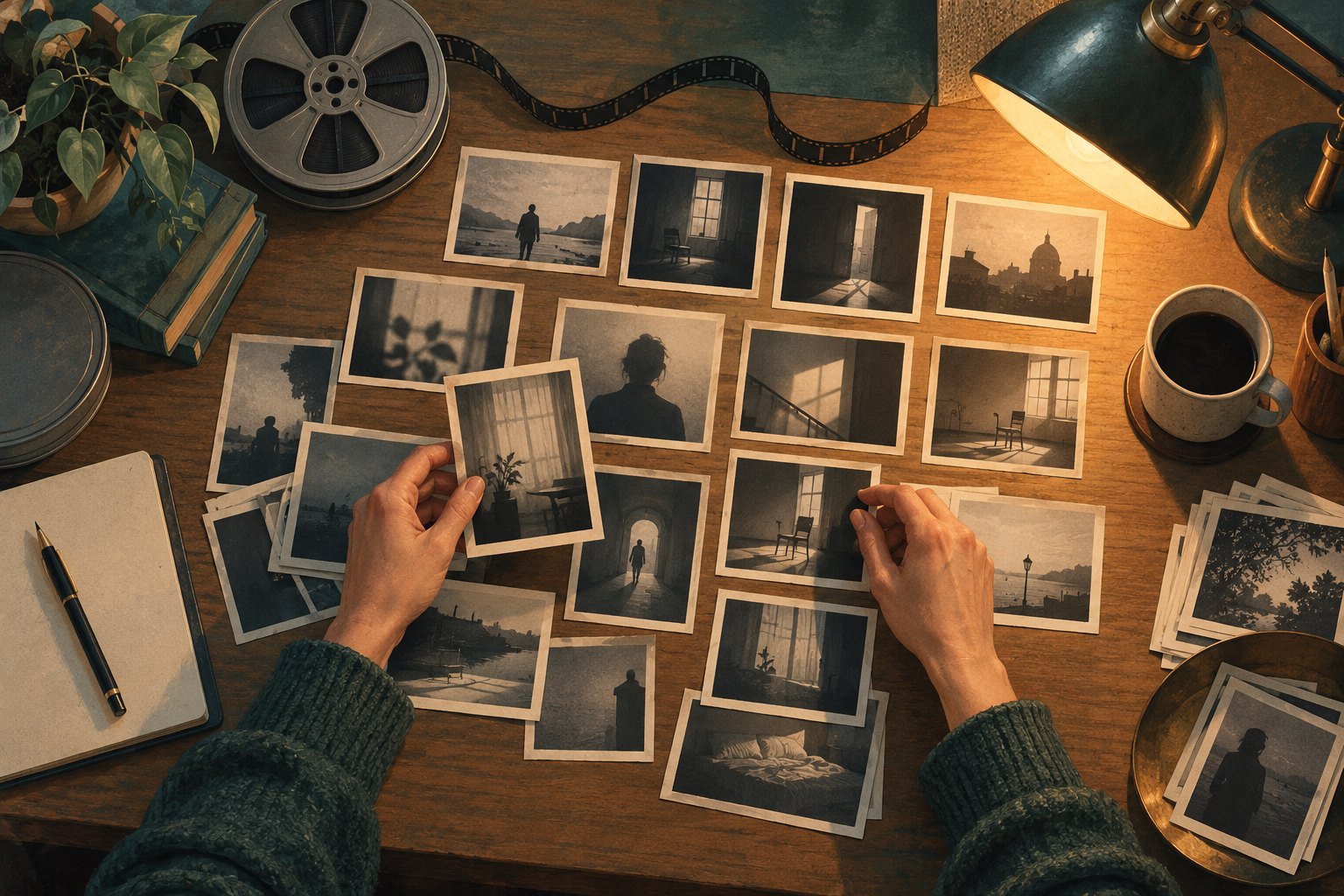 Conceptual illustration of hands arranging photographic prints on an editing desk beside headphones, a film reel, and a lamp.