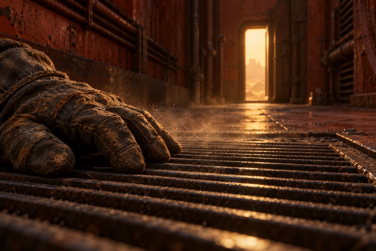 Conceptual illustration of a worn work glove resting on a metal grille beside a rust-colored passage and a glowing doorway.