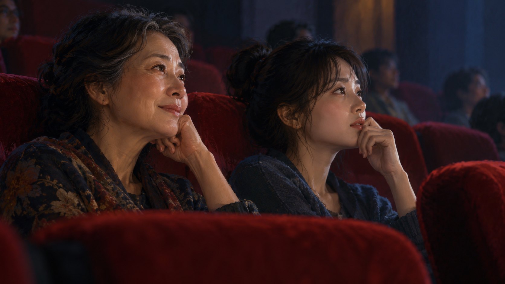 兩位不同世代的女性並肩坐在戲院，銀幕光映照專注神情的概念插畫，非電影劇照