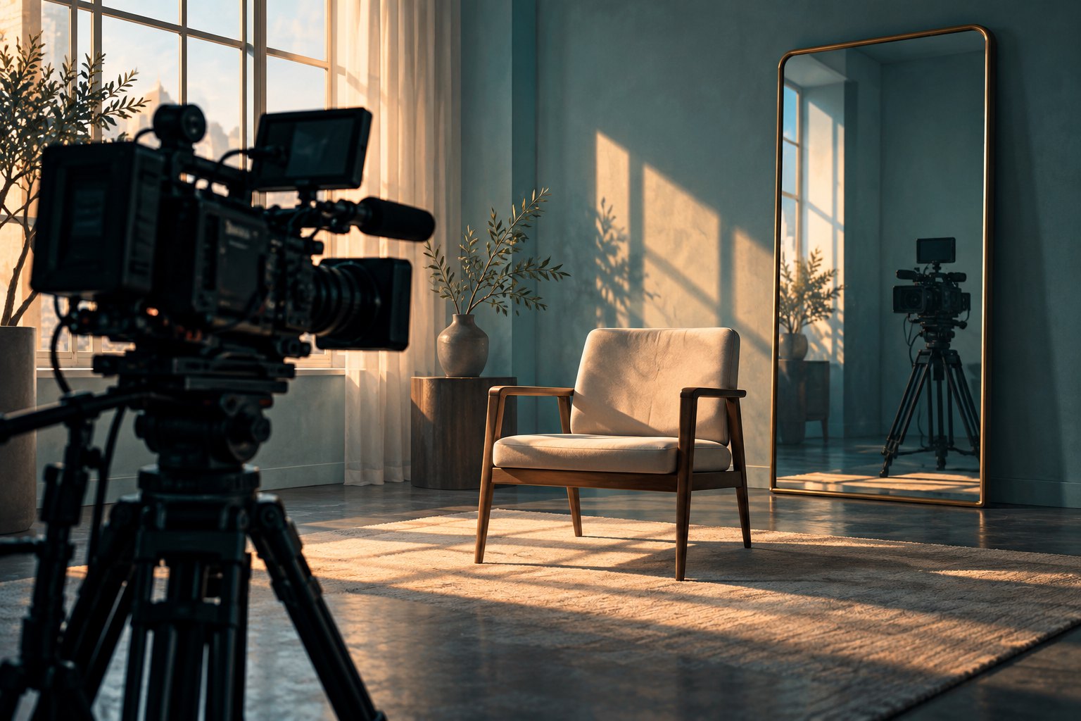 Conceptual illustration of a camera facing an empty interview chair beside a mirror reflecting another camera.