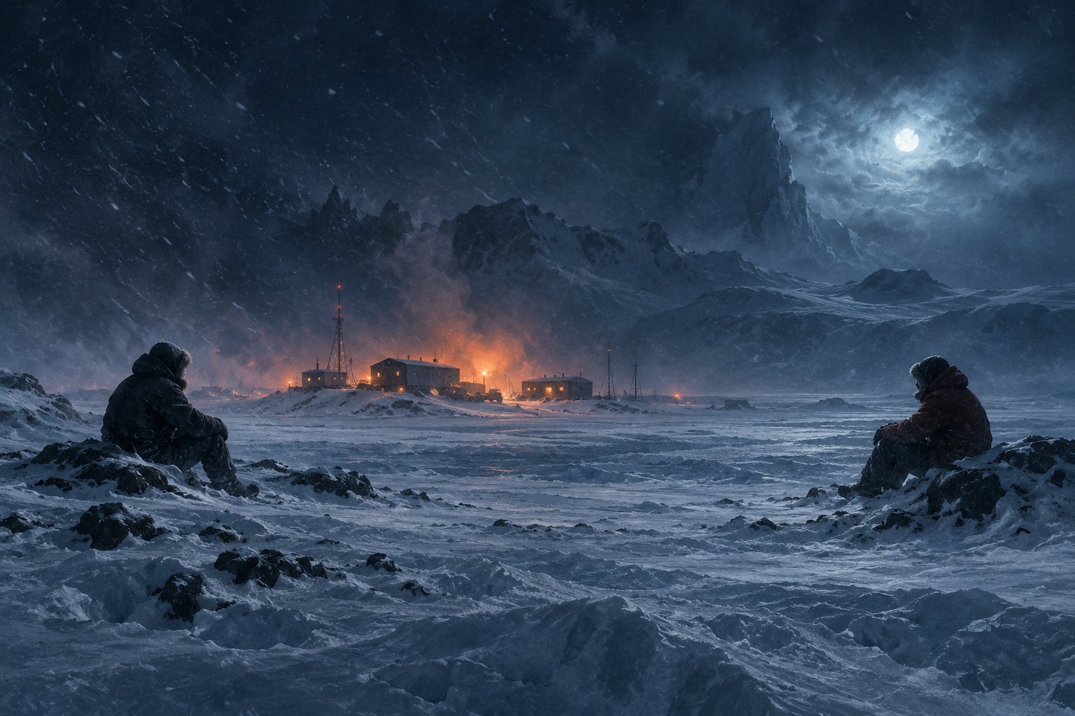 Two bundled figures sit apart in a snowy landscape as distant research buildings burn beneath a moonlit sky.