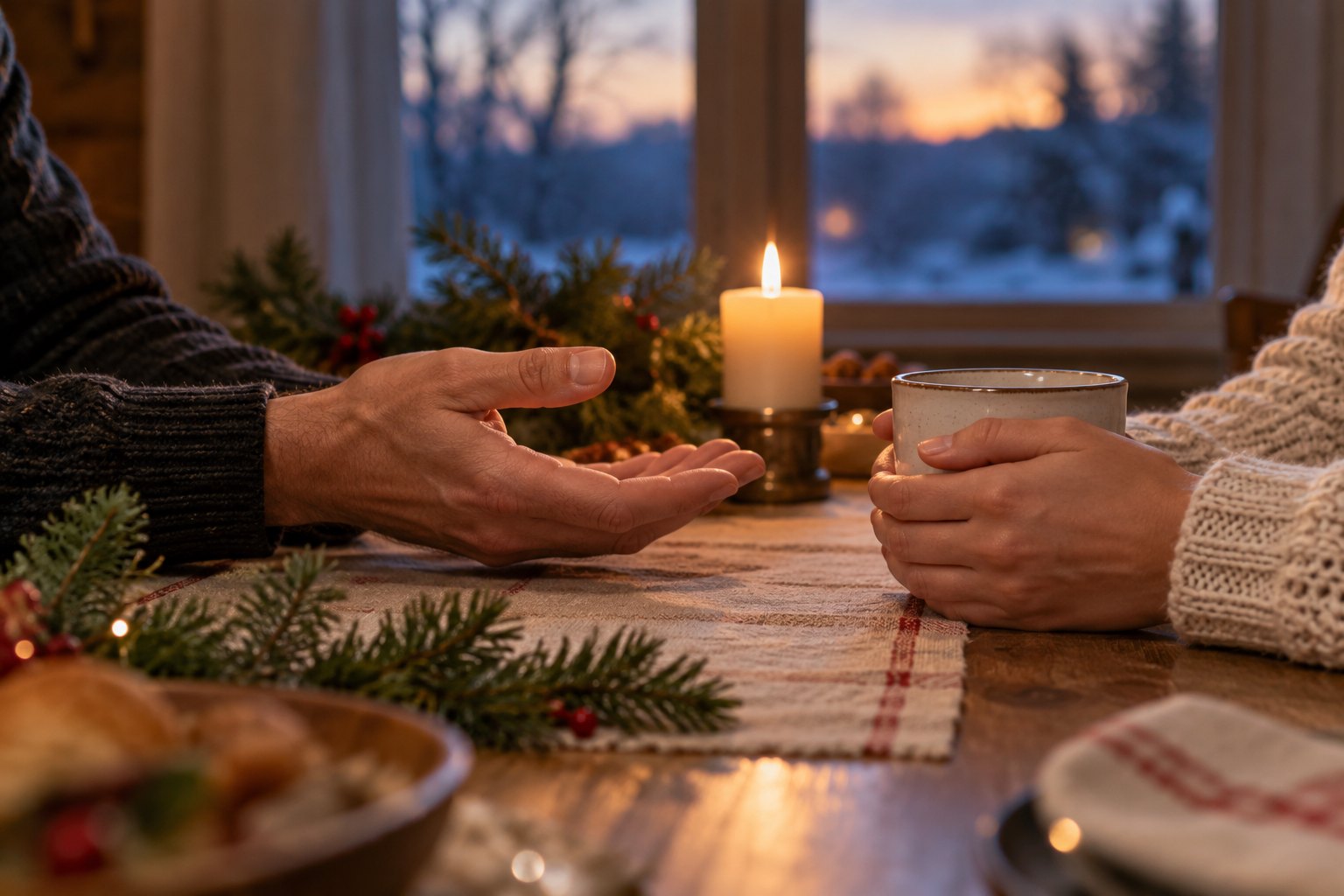 Two people sit across a candlelit holiday table, one extending an open hand while the other holds a ceramic cup.