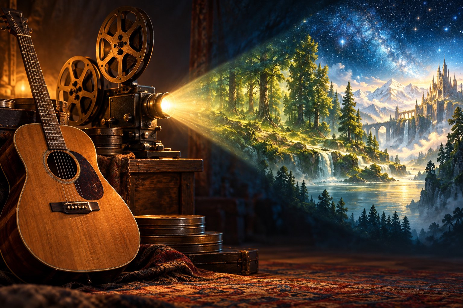 Painterly illustration of an acoustic guitar beside a film projector casting light into an enchanted forest.