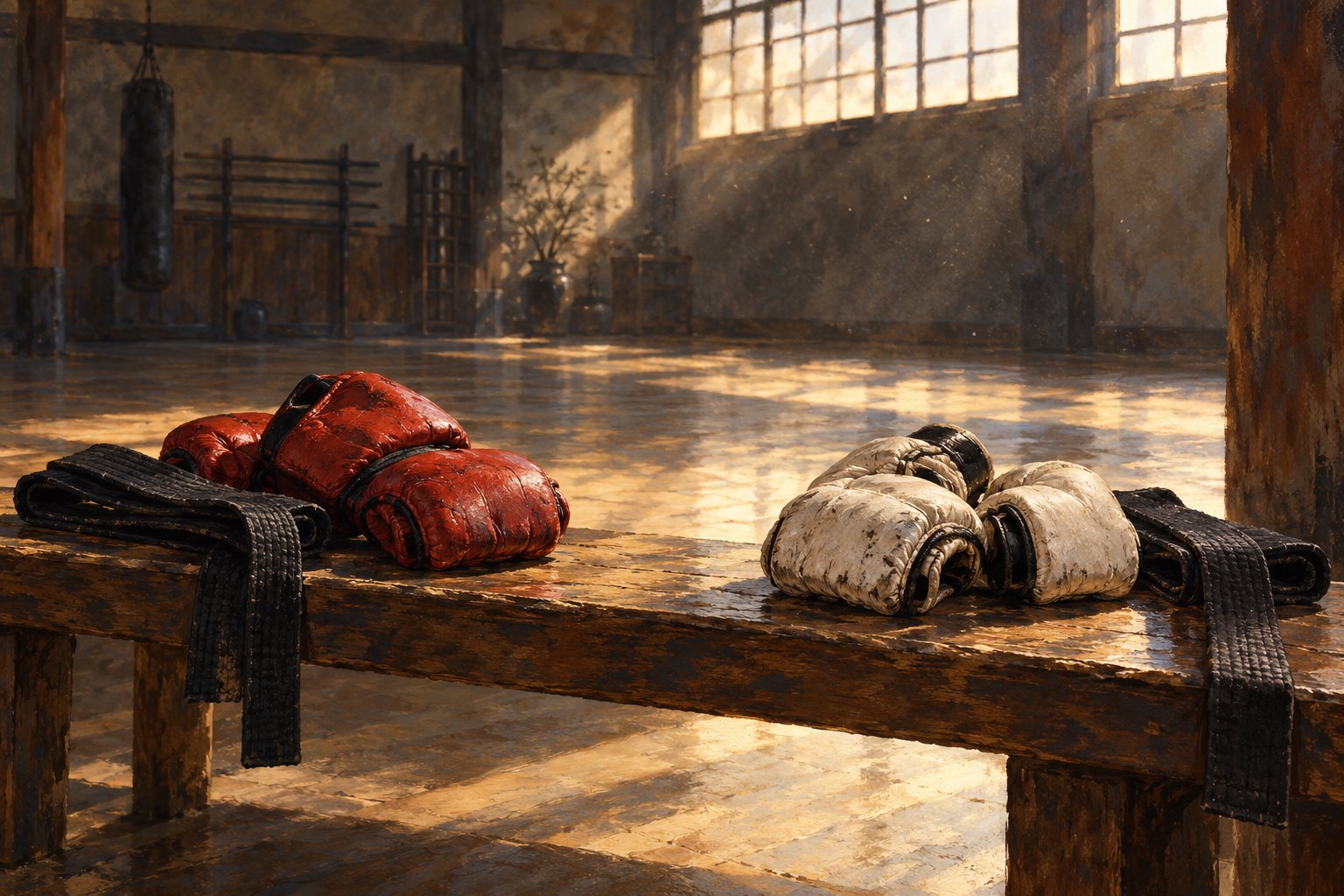 Red and ivory martial arts gloves rest apart on a wooden bench beside dark belts in a softly lit training studio.