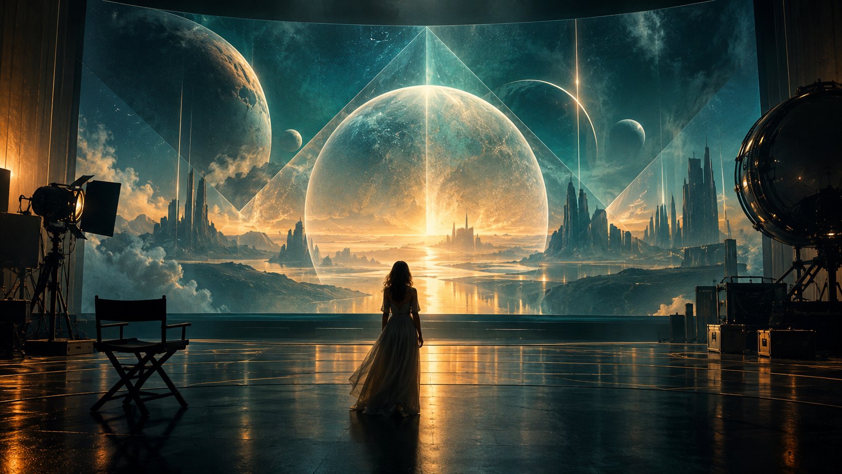 女性背影站在攝影棚般的空間中,面向巨大星球與未來景觀的原創概念插畫,非電影劇照