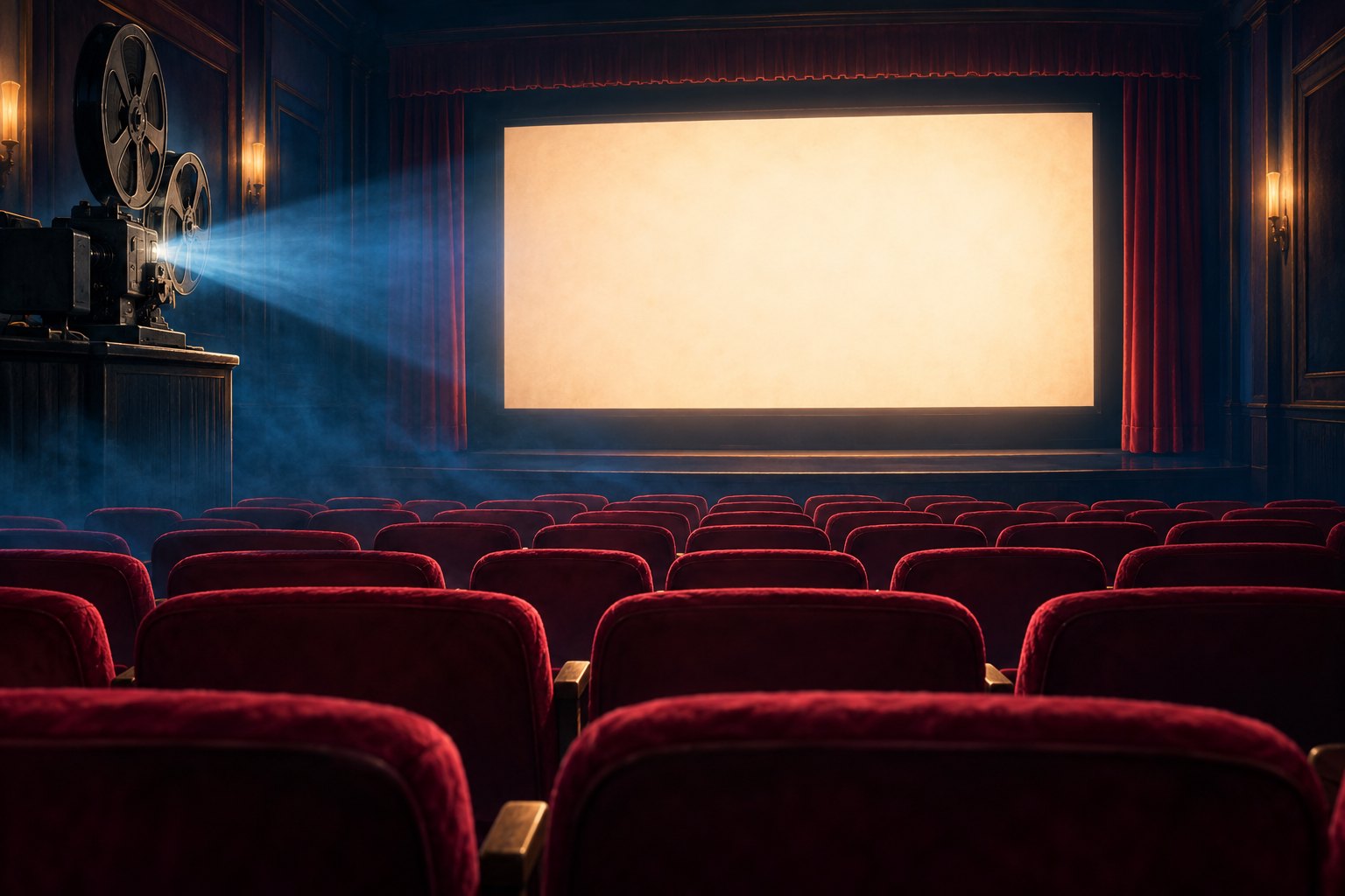An empty theater with burgundy seats faces a glowing blank screen through a soft projector beam.