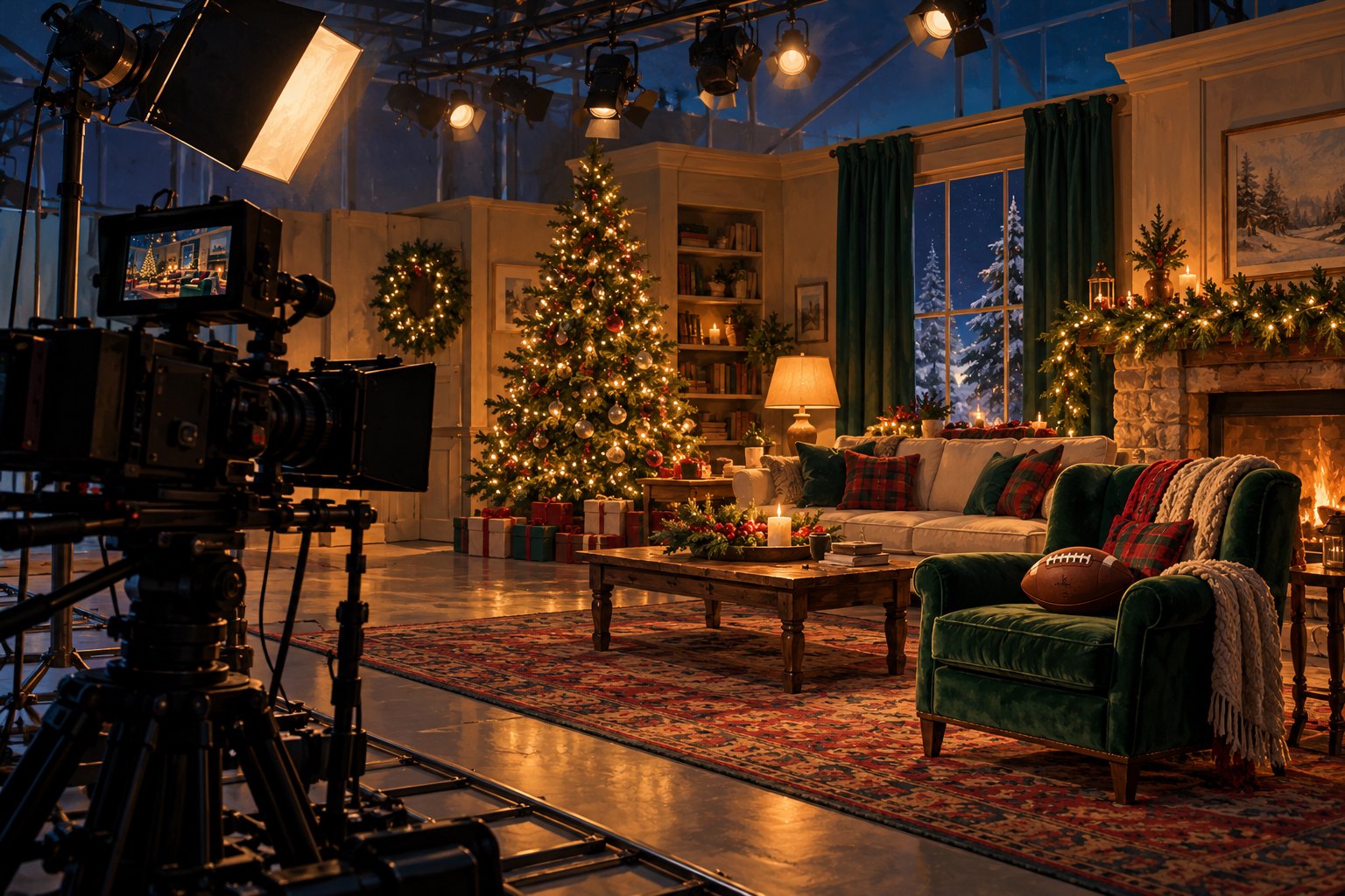 Conceptual illustration of a film camera facing a Christmas living room set with a decorated tree and an unmarked football.
