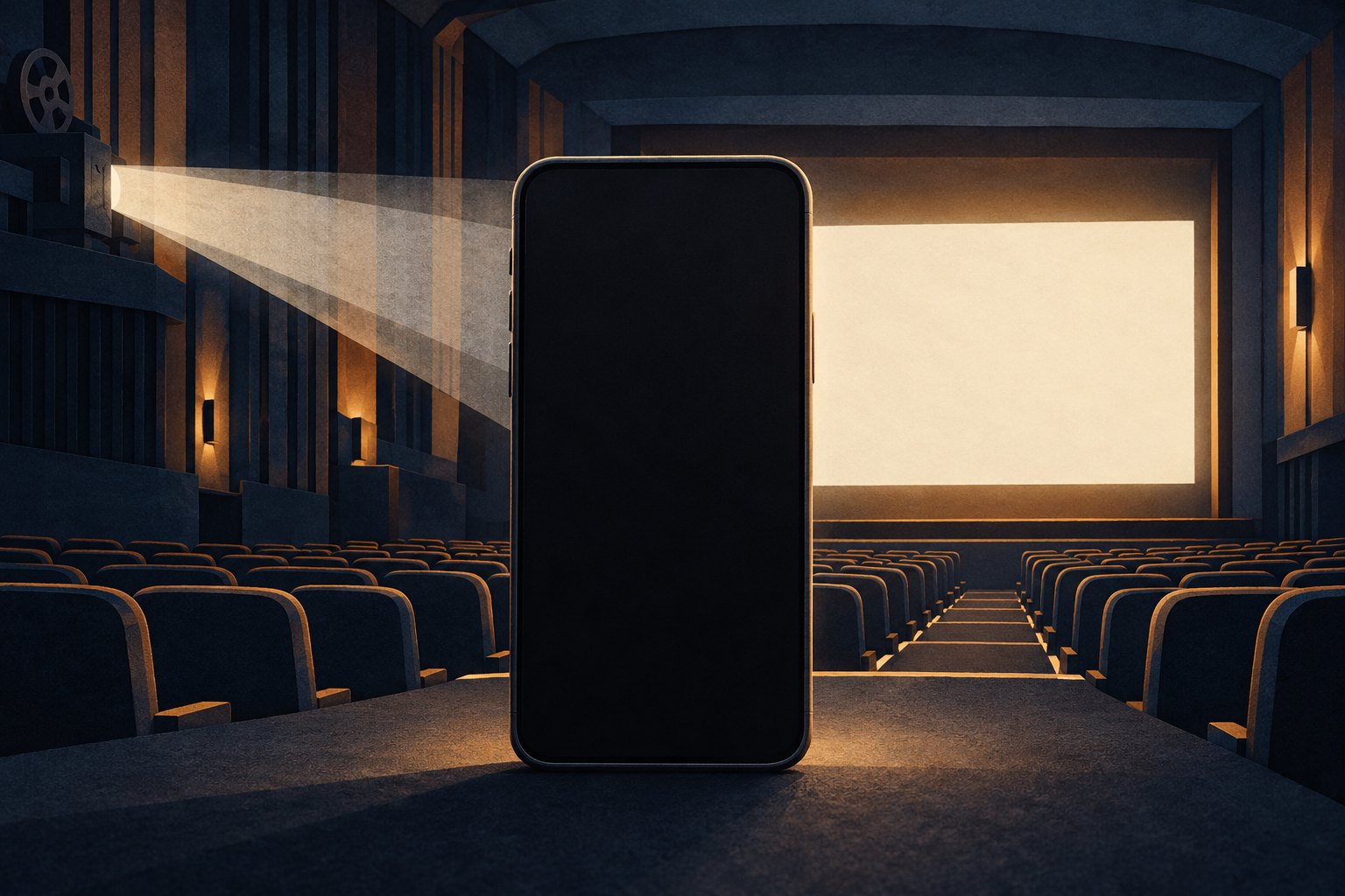 Conceptual illustration of a blank smartphone standing inside a dark movie theater with a glowing projection screen.