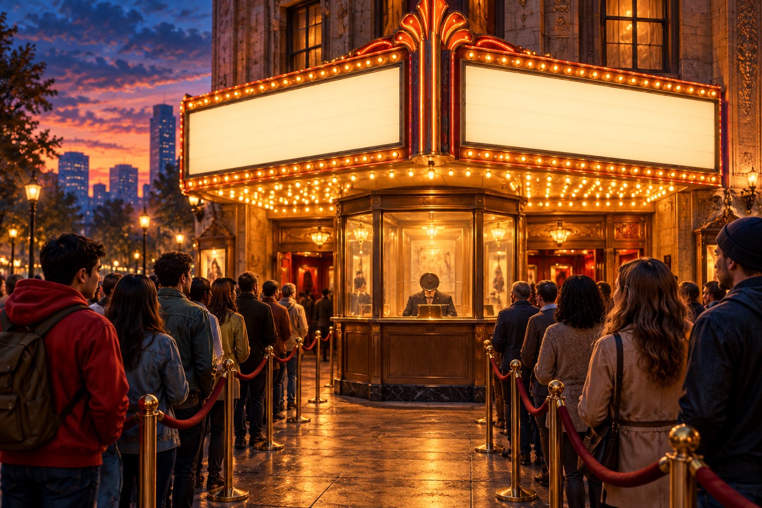 Conceptual illustration of moviegoers approaching a warmly lit theater ticket booth at dusk.