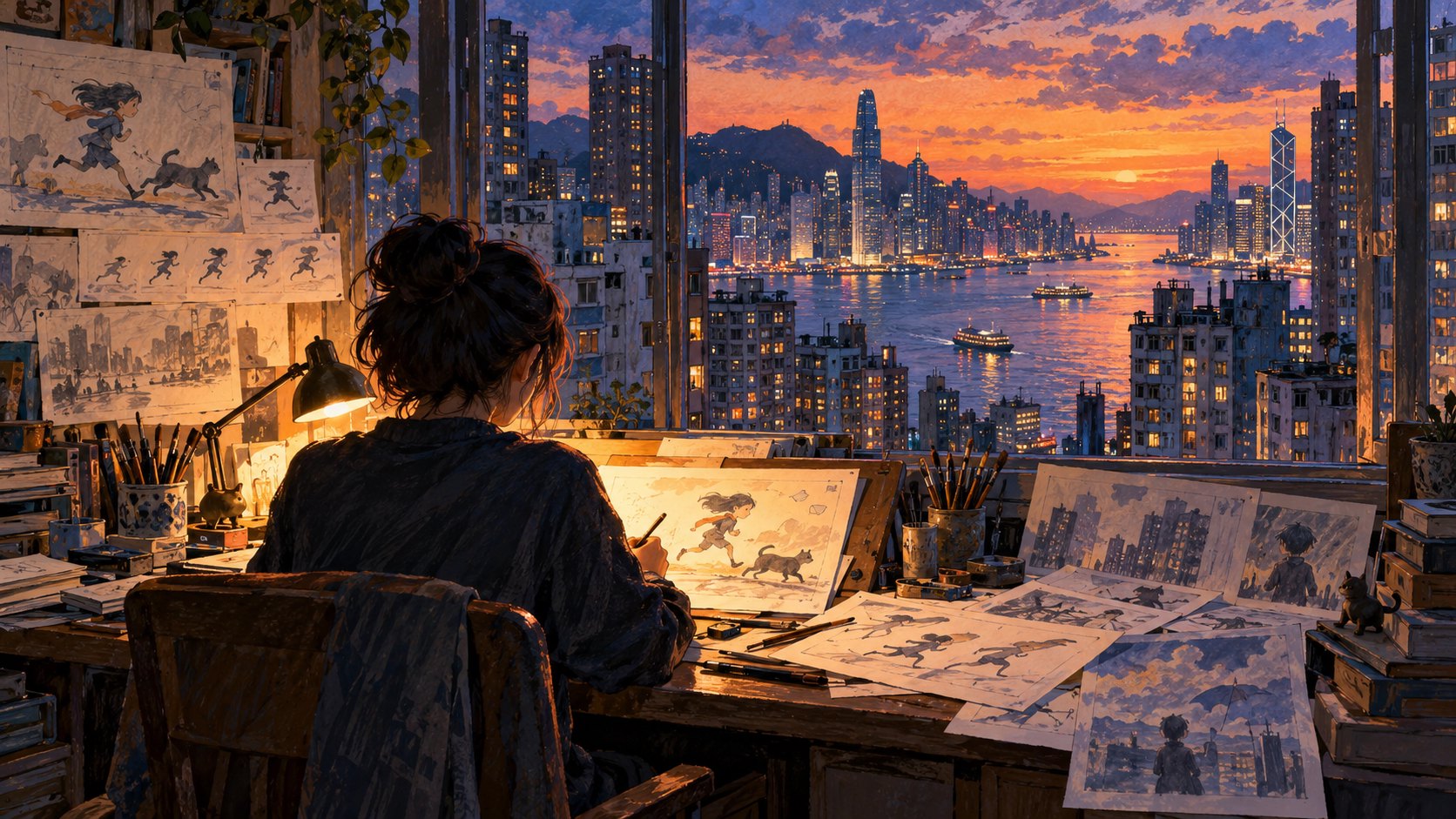 原創概念插畫:動畫創作者在窗邊繪圖,遠方是暮色中的香港港灣與密集樓宇,非電影劇照