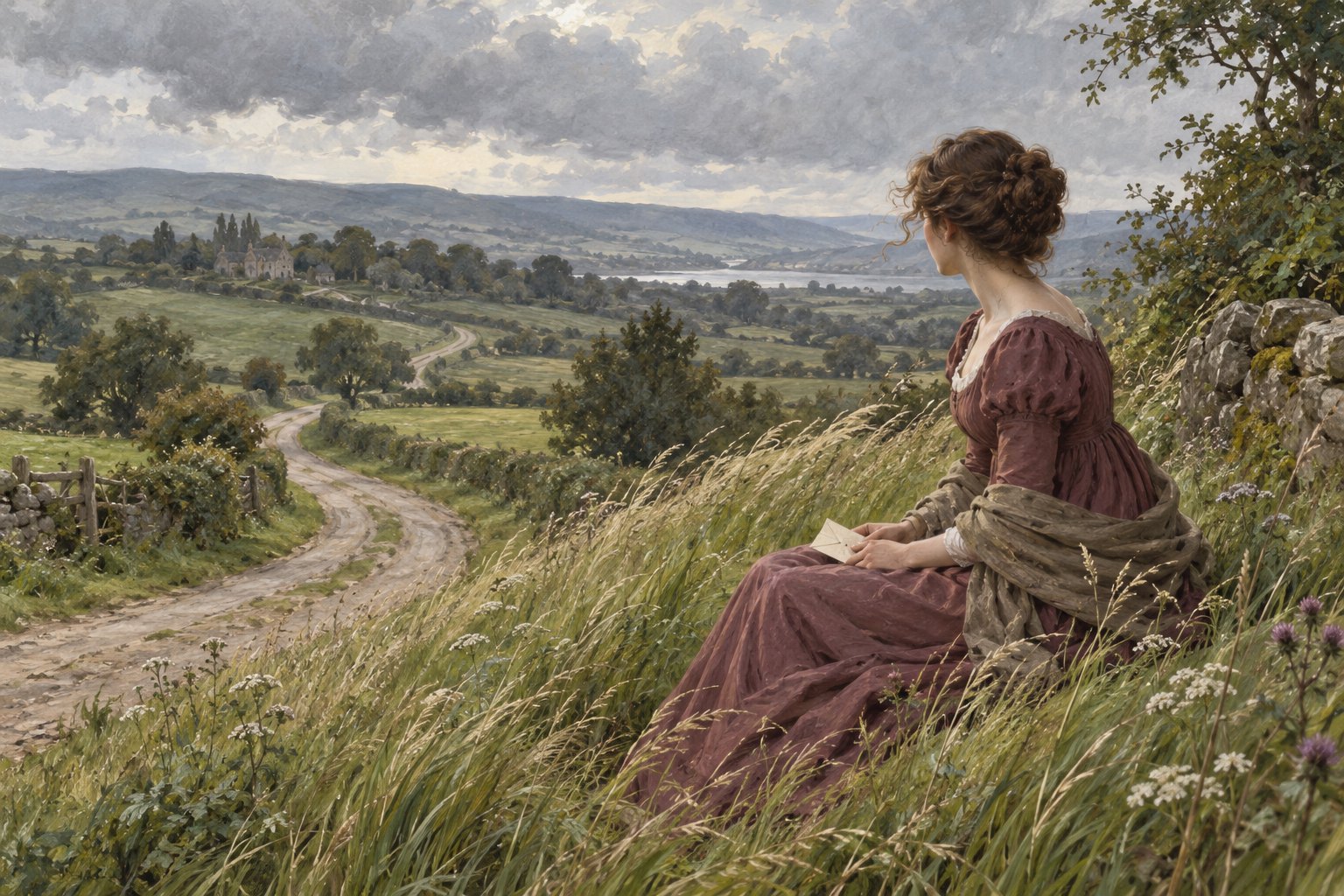 Painterly illustration of a woman in a muted berry gown holding a folded letter while watching an empty English country road.