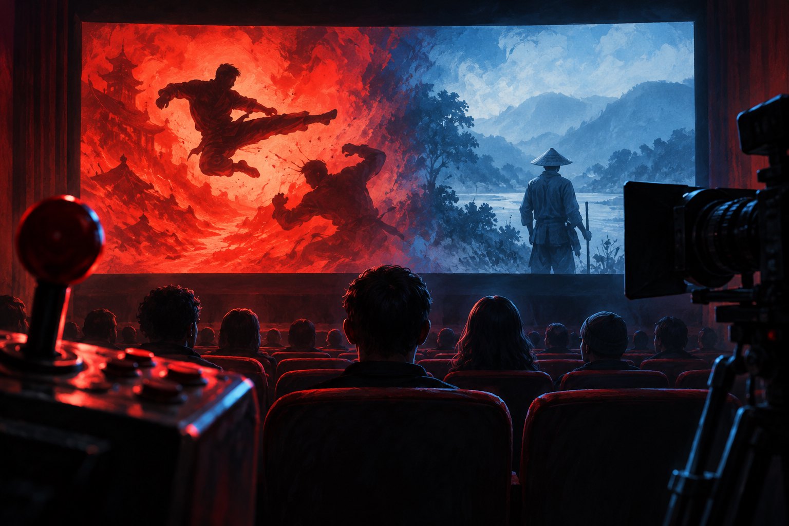 Conceptual illustration of moviegoers watching contrasting red and blue screen imagery, framed by an arcade joystick and a camera.