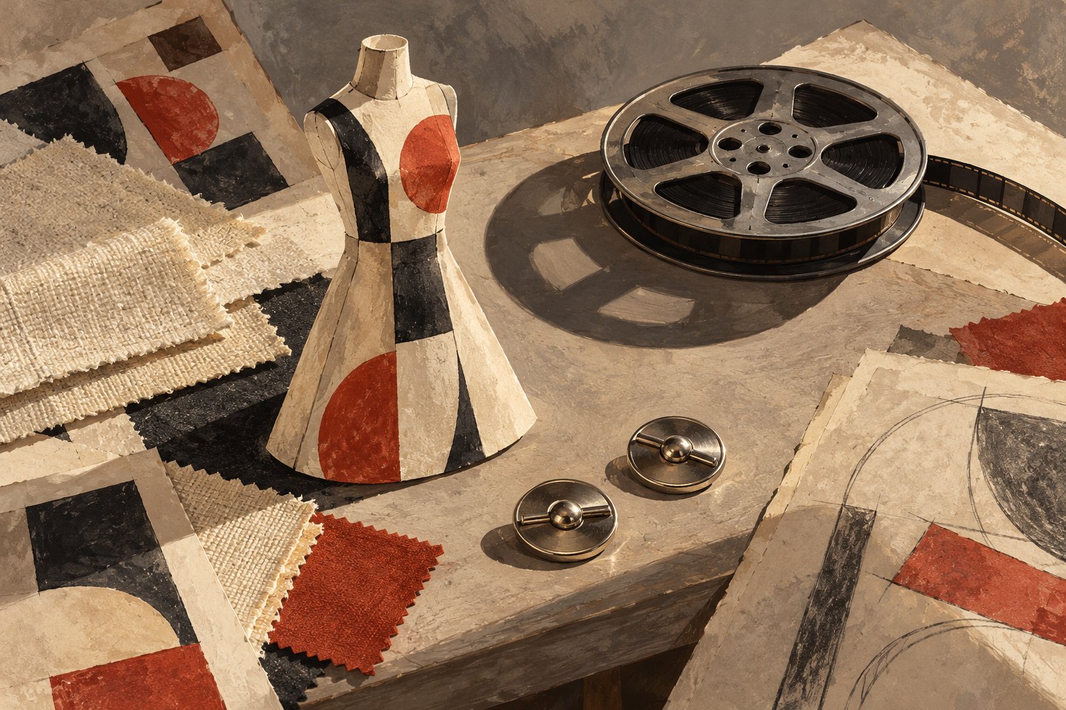 Conceptual illustration of a geometric dress maquette, fabric swatches, metal fasteners, and a film reel on a costume worktable.
