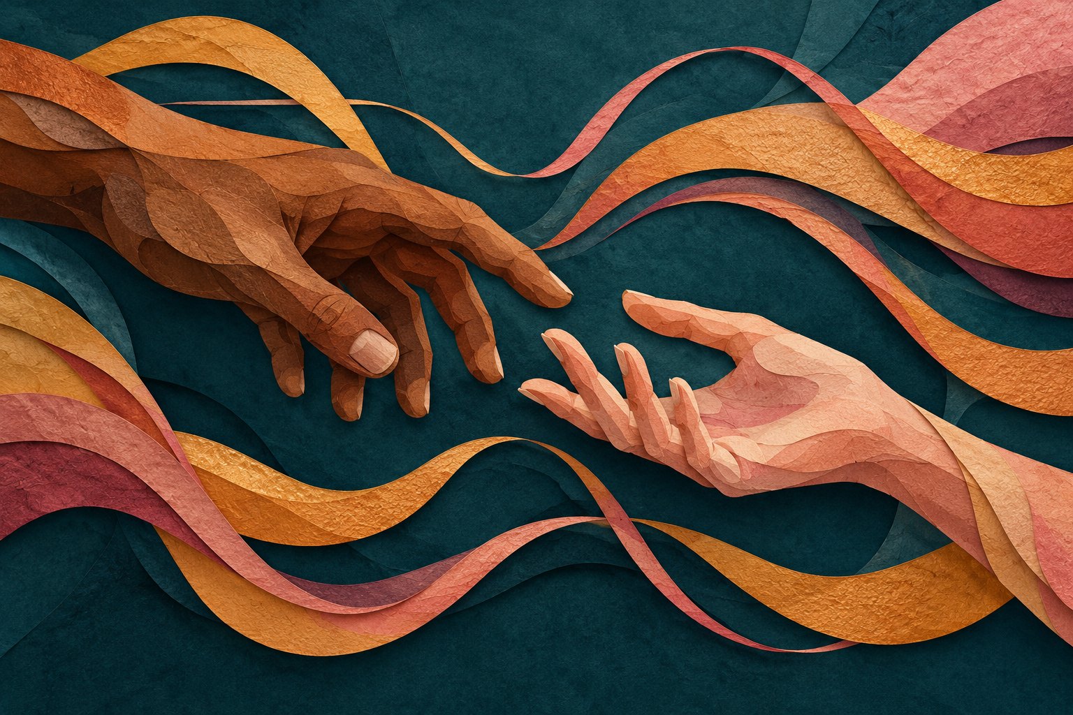 Layered paper illustration of two hands reaching toward each other amid flowing gold and rose ribbons.