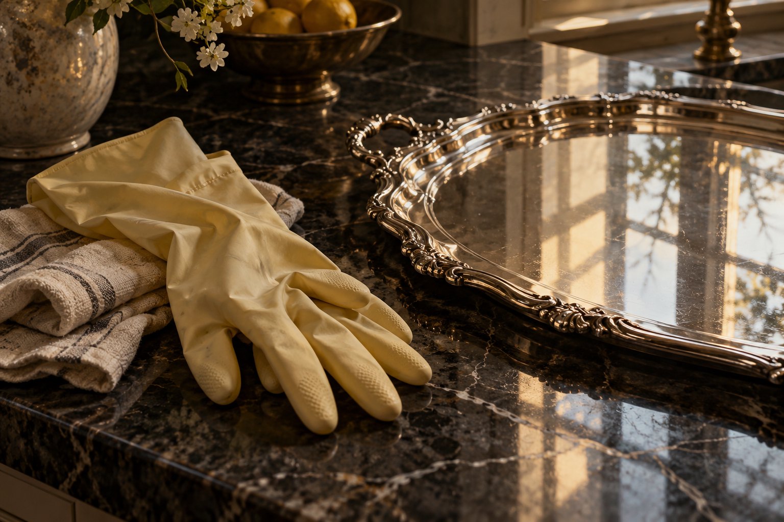 Conceptual illustration of cleaning gloves and a folded cloth beside a silver tray reflecting a window on a dark marble counter.