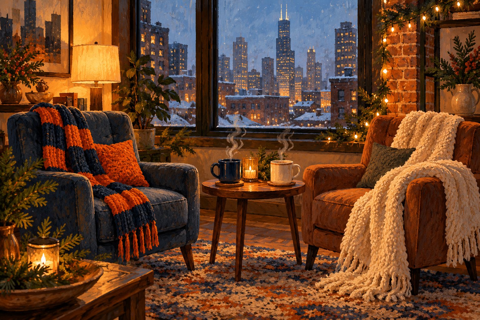 Conceptual illustration of two empty armchairs with winter blankets and steaming mugs in a holiday-decorated Chicago apartment.