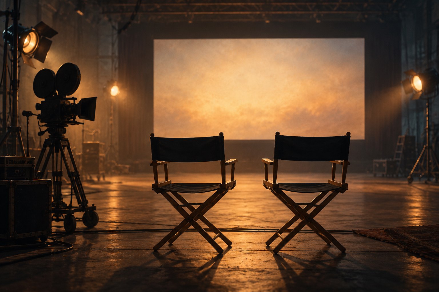 Two empty director chairs face a glowing screen beside a silhouetted film camera in a conceptual illustration.