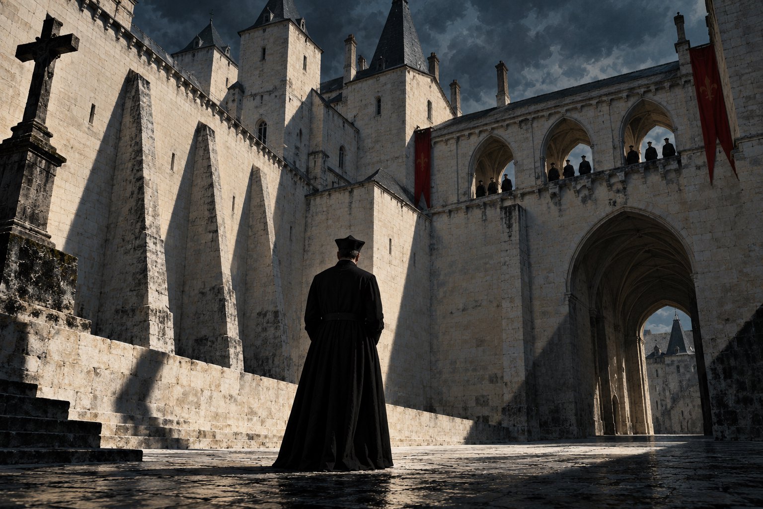 An interpretive illustration of a solitary priest beneath towering white walls in a shadowed town square.