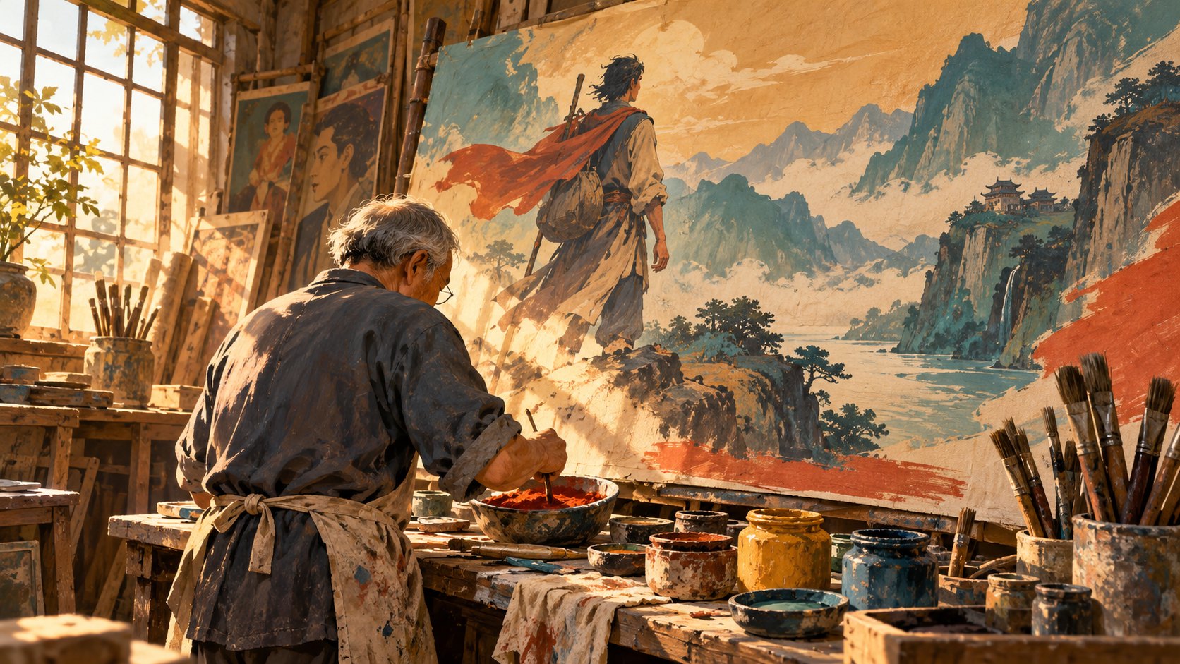 概念插畫:年長畫師背對觀者,在工作室調配顏料,身旁立著未完成的電影風格畫作