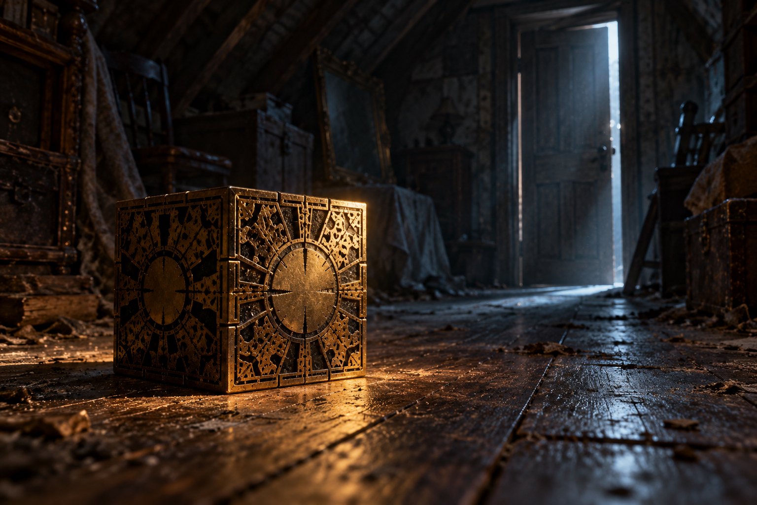 Original horror illustration of an ornate brass puzzle cube on an attic floor beside a doorway admitting cold light.