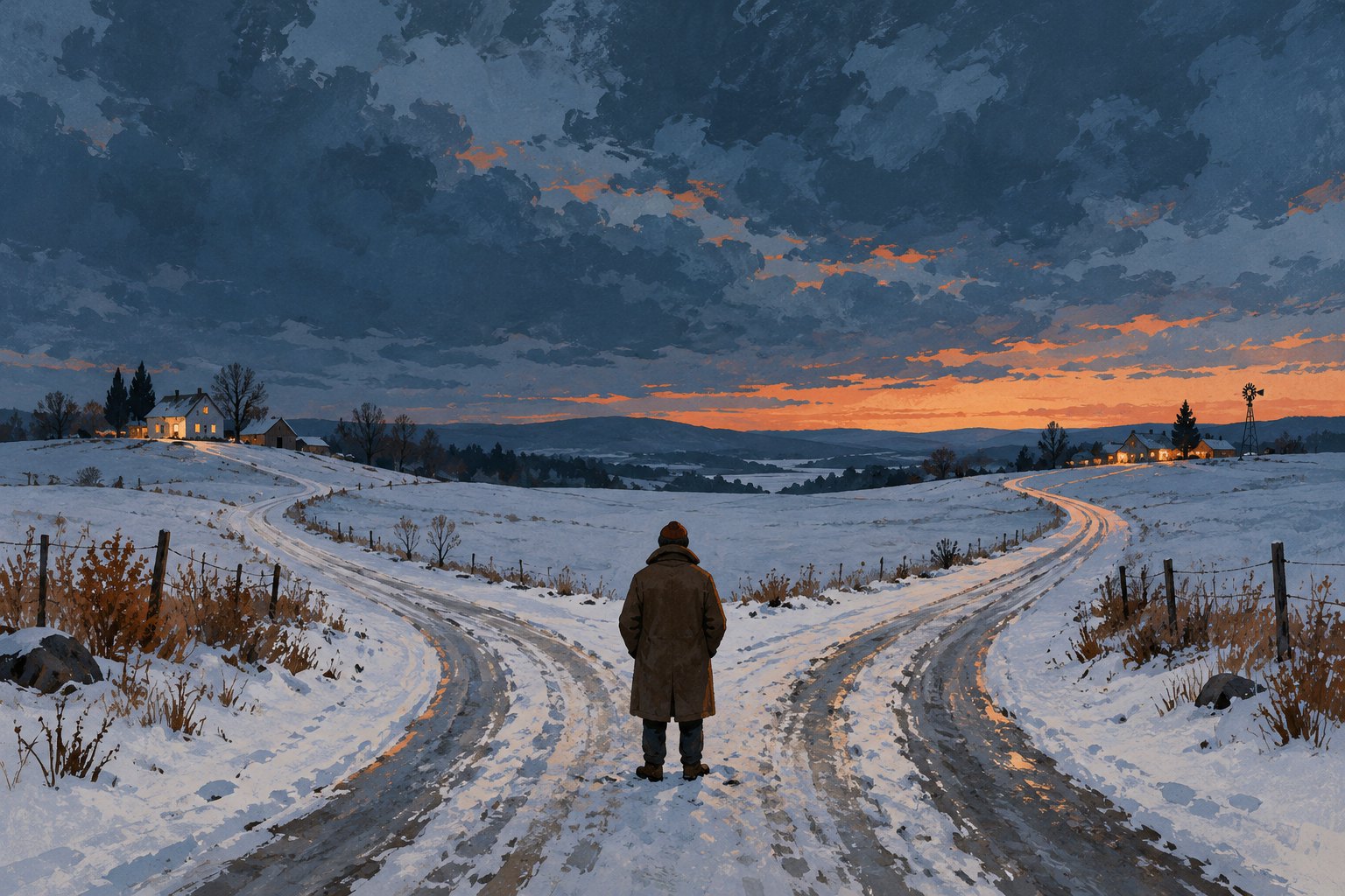 A lone figure faces two diverging snowy roads beneath a blue and orange dusk sky in a conceptual illustration.