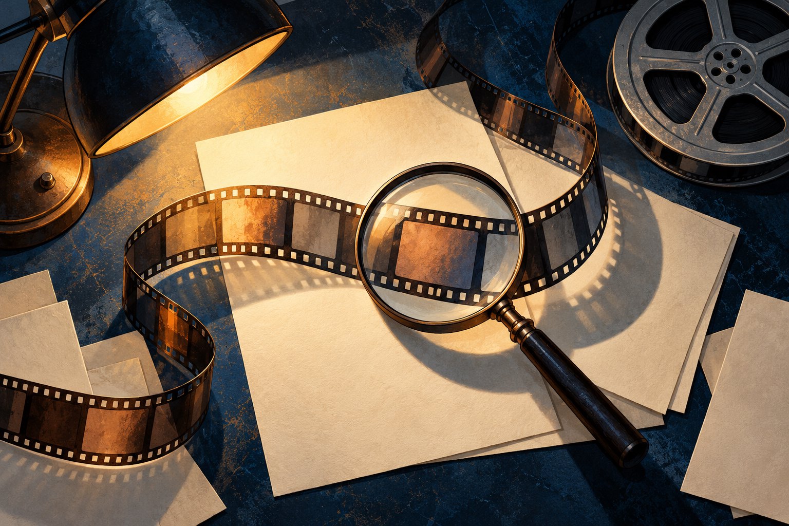 Editorial illustration of a magnifying glass over a filmstrip on blank papers beside a reel and desk lamp.