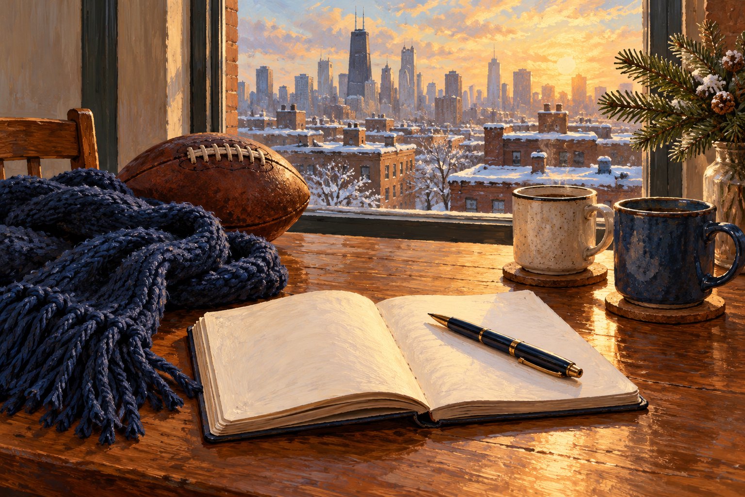 Editorial illustration of a blank notebook, football, navy scarf, and two mugs beside a window overlooking snowy Chicago.