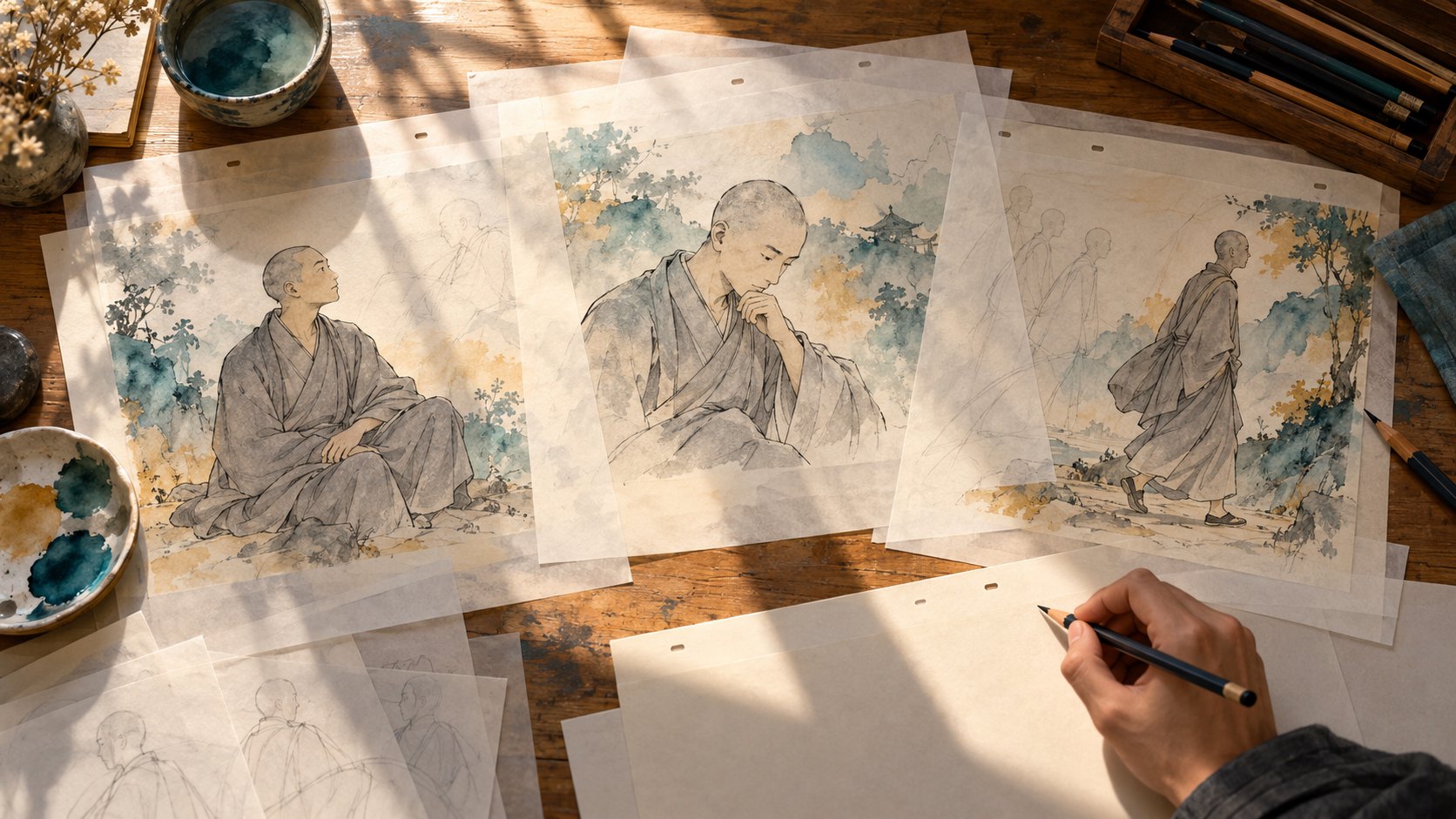 動畫工作桌上的透明畫紙呈現僧人聆聽、思考與行走的姿態,為人物塑造概念插畫,非實際製作資料