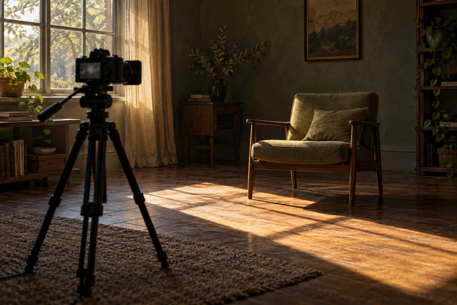Conceptual illustration of an empty interview chair facing a camera beside a sunlit window.