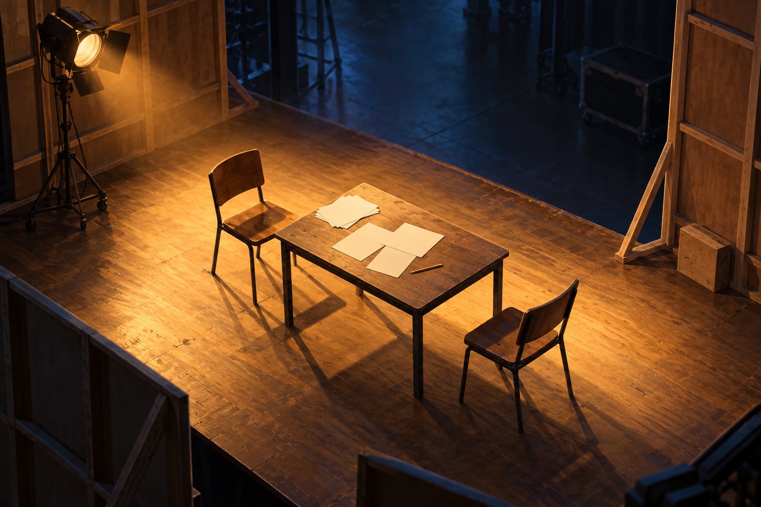 Conceptual illustration of two empty chairs and blank script pages on a rehearsal stage under a warm spotlight.