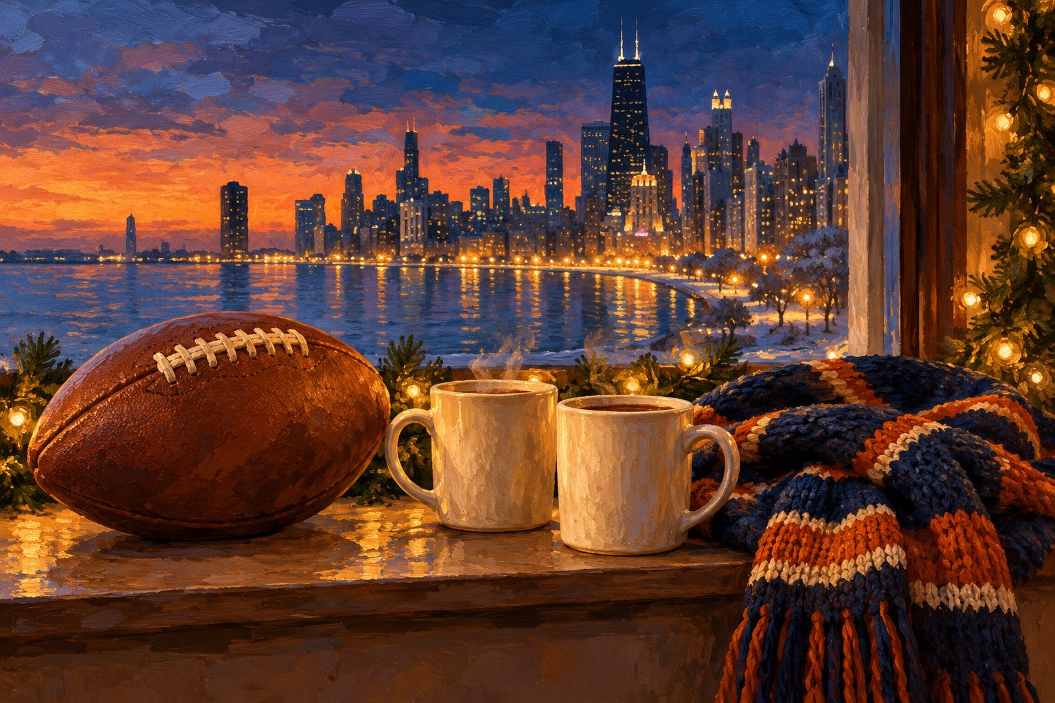 Illustration of a football, two steaming mugs, and a knitted scarf on a windowsill overlooking Chicago at sunset.