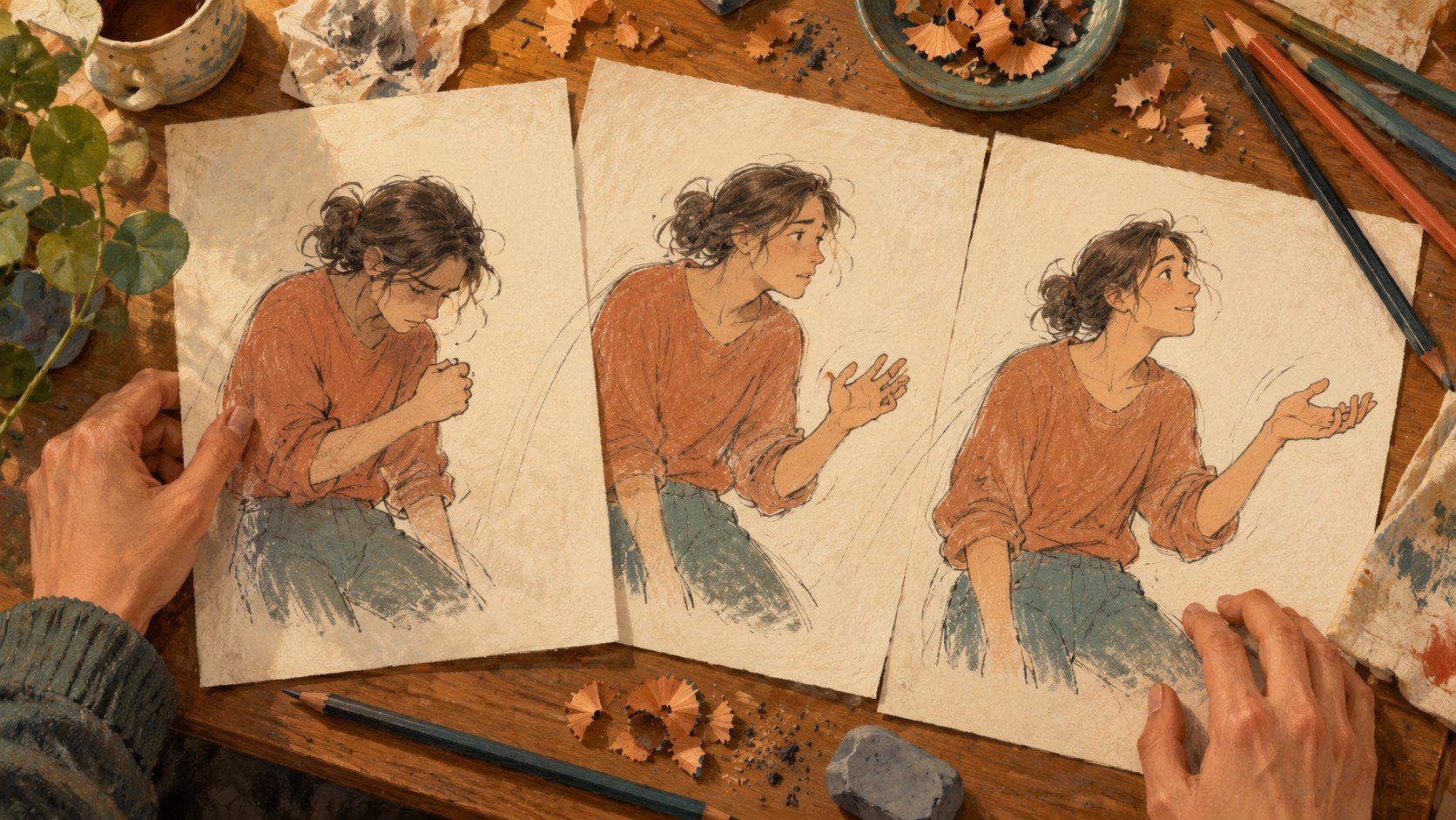 原創概念插畫:繪圖桌上排列角色手勢變化的畫稿,呈現動畫以動作傳達情緒的構想,非電影製作素材