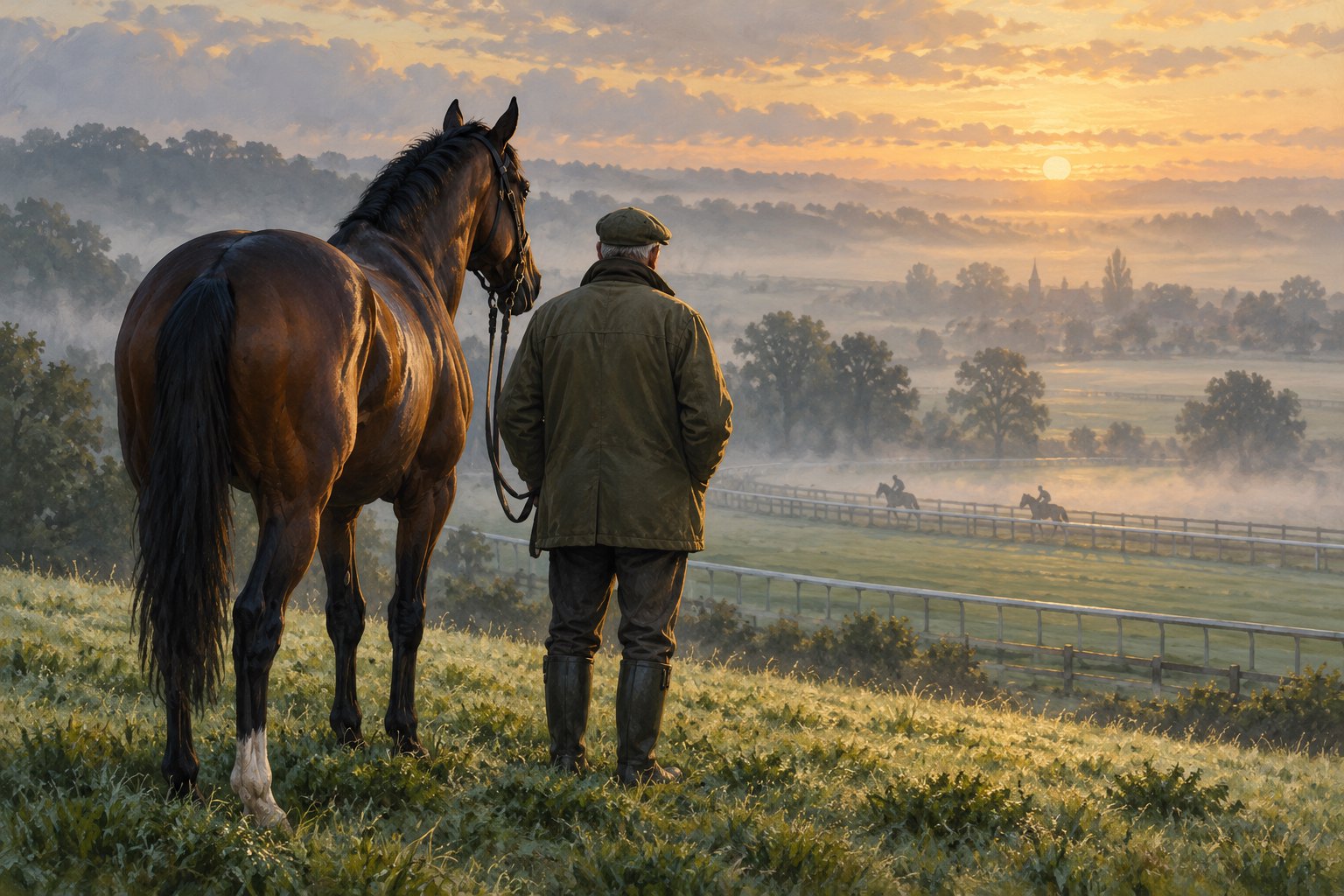 Painterly illustration of an older trainer beside a bay thoroughbred on misty training grounds at dawn.