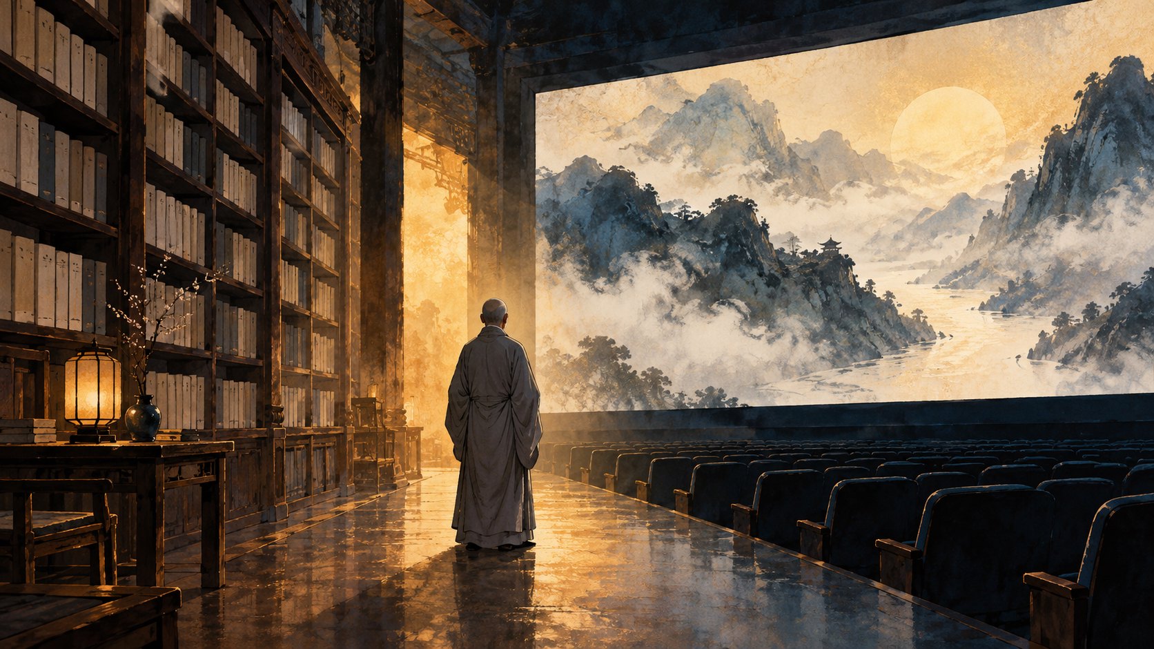 灰袍僧人的背影立於書架與映有水墨山景的銀幕之間,象徵人物傳記走入動畫的概念插畫,非電影劇照