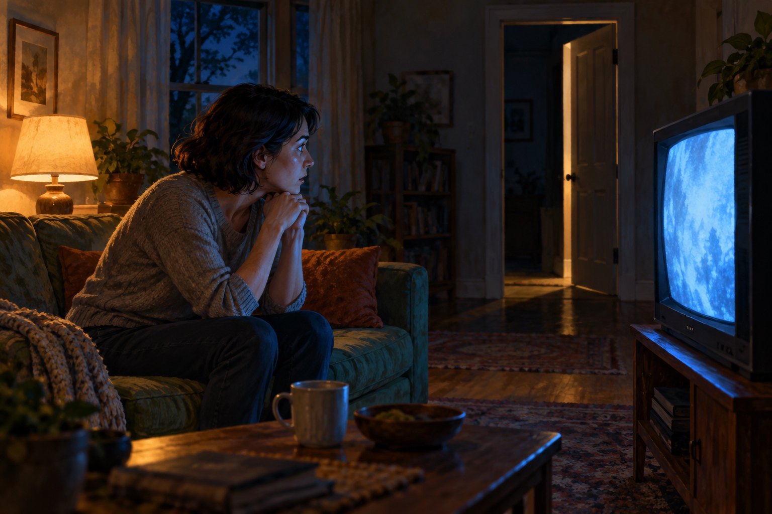 A woman leans forward beside a glowing television in a dim living room with an open doorway behind her.